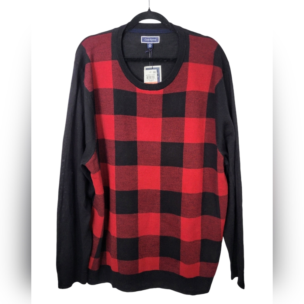 Club Room Mens 3XL Crew Neck Merino Wool Blend Plaid Sweater NWT